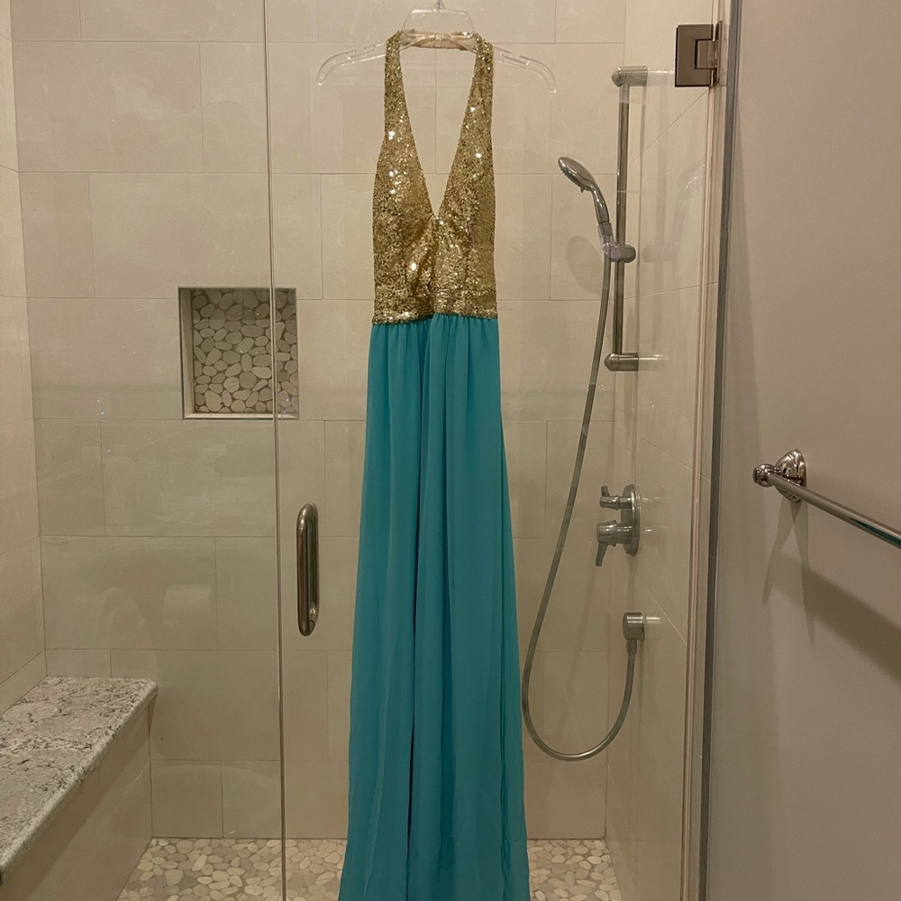 NWT Halter Gold And Teal Maxi Cocktail Dress (size s)